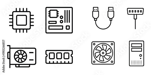 Computer hardware components depicted as line icons