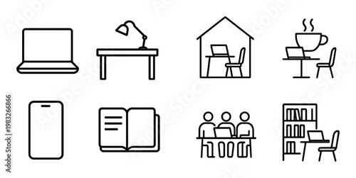 Home and office workspace icons including laptop and desk