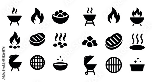 Barbecue and grilling icons showing food and flames
