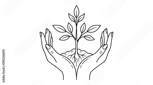 A line drawing of hands cradling a small plant with leaves and roots growing from the soil