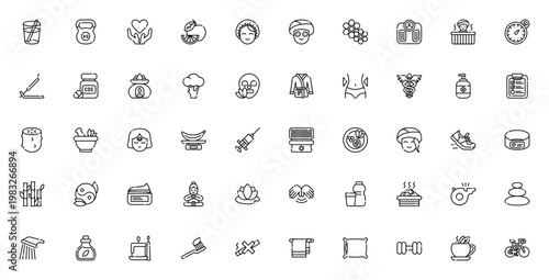 Wellness icon set. Health and fitness vector icons. Includes yoga, meditation, massage, healthy food, vitamins, skincare, workout symbols and more. Editable line icons.