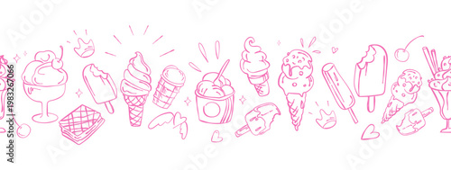 Ice cream seamless pink line art border pattern with cones popsicles sundae and sweet desserts for packaging wrapping paper fabric textile wallpaper web, banners menus and summer design.Vector