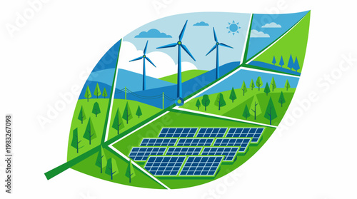 Green Energy Leaf Concept with Wind Turbines and Solar Panels