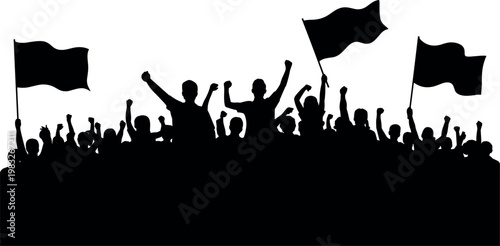 Silhouette of protest crowd with raised fists and flags demonstrating unity, activism, revolution, social movement isolated on white background