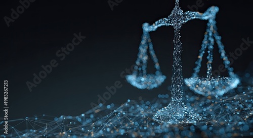 Digital scales of justice formed by glowing blue abstract particles on dark