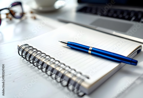 Close-up of notebook and pen beside laptop