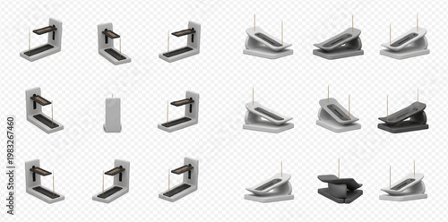Set of 3D printer and foot pedal models in various isometric views and colors on transparent background.