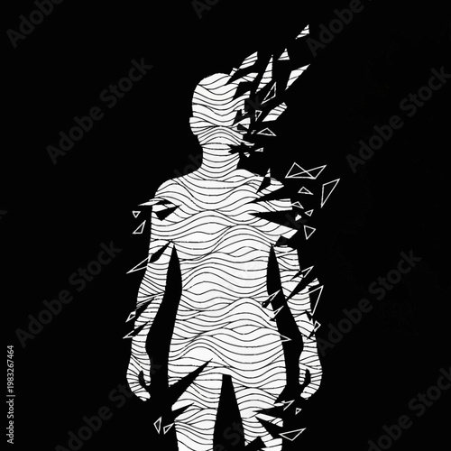 Abstract Human Figure Dissolving into Geometric Shapes.