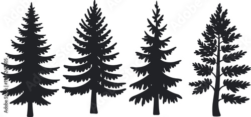 Silhouette set of pine and forest trees isolated on white background, nature elements for landscape design, woodland and outdoor scenery