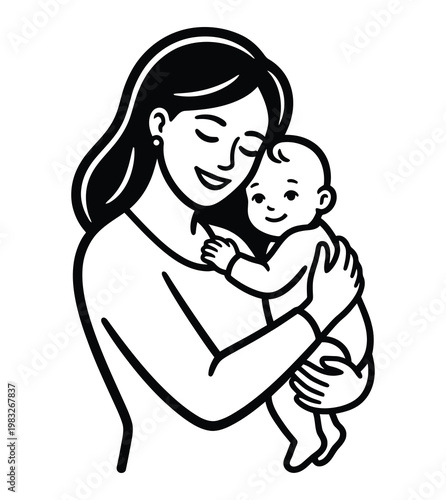 Black and white illustration of a smiling woman holding a baby close to her cheek with love and care