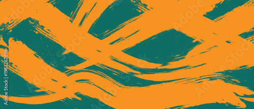 Abstract brush strokes of orange paint swirled dynamically across a deep teal background, creating a vibrant and energetic abstract art piece 