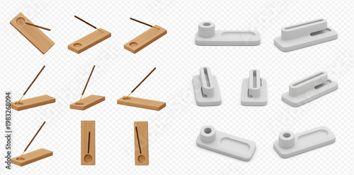 Incense stick holders in various views, wooden and ceramic burners for aroma and meditation.