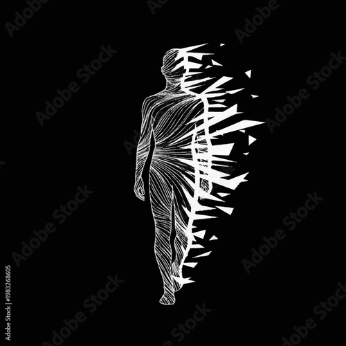 Abstract Human Form Deconstructing into Geometric Shapes.