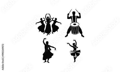 Dancers and drummer vector silhouette illustration line art traditional cultural show.