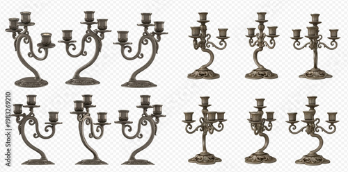 Set of antique bronze candelabras with three candle holders, isolated on a transparent background.
