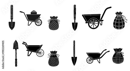 Traditional gardening and farm tools silhouettes set with various hand trowels, wheelbarrows, and filled burlap sacks icons on white background, traditional gardening and farm implements