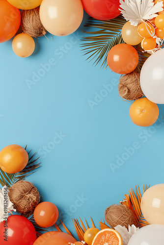 Colorful autumn leaves and pumpkins with acorns on blue background