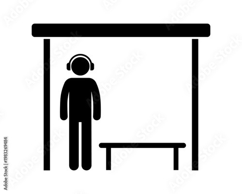 Person Waiting at Bus Stop with Headphones – Listening Music While Standing Stickman Silhouette Vector.