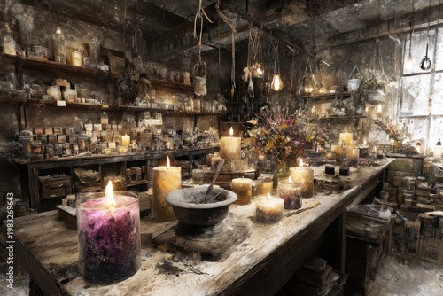Cozy, rustic apothecary filled with candles, herbs, and jars, creating a mystical atmosphere