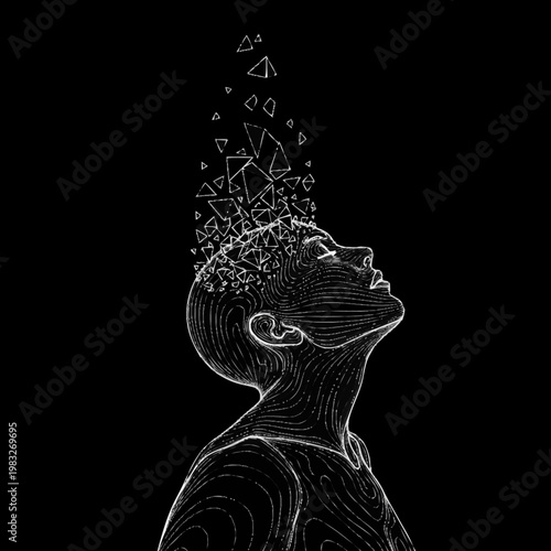 Abstract Human Head Dissolving Into Geometric Shapes.