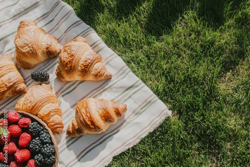 Croissants and Berries Arranged on Picnic Mat in Aesthetic Setting