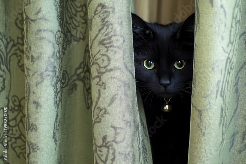 Curious Cat Peeking Out from Behind Curtains in a Happy Indoor Scene