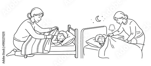 Mother putting children to bed at night in a line drawing style