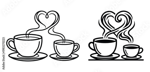 Black and white illustration of steaming coffee cups with heart shaped steam