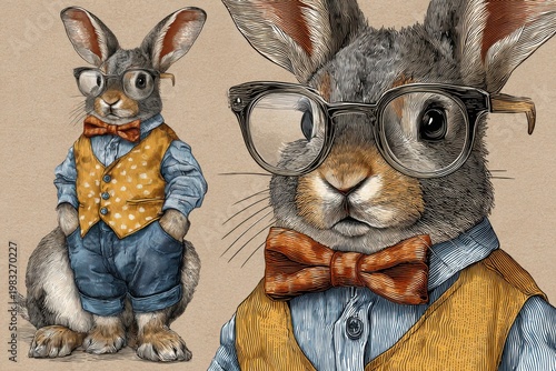 Cute Rabbit Wearing Glasses and Bowtie in Stylish Vector Illustration