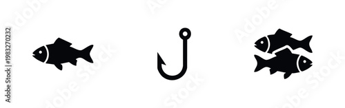 Fishing Icons: Fish, Fishing Hook, and Multiple Fish for Angling and Seafood