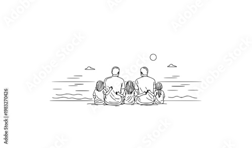 Family relaxing at beach line art black and white minimal outline vector illustration peaceful seaside moment