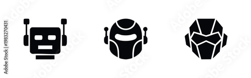 Set of three robot head icons in black silhouette on white background.