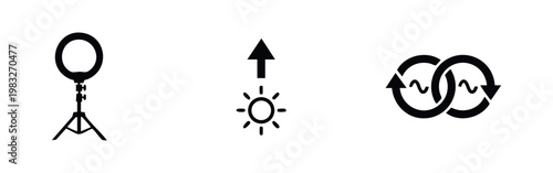 Three black silhouette icons for lighting and cycles: ring light, sun with arrow, and loop.