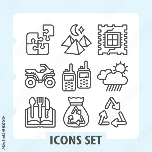Puzzle, quadricycle, book modern icons set including travel, processor, vehicle, radio, weather items in outline style for apps and print on white background. Vector graphics. Set of nine line icons.
