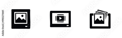 Three black silhouette icons for digital media display and playback.