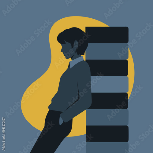 A contemplative male character silhouette art leaning against a tall pillar of books, symbolizing deep thought, reflection, or burnout