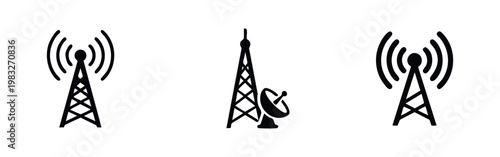 Icons depicting radio towers and satellite dishes for communication.