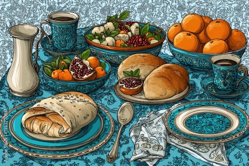 Festive Iftar Table Displaying Cartoon-Style Food and Drinks