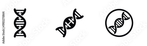 Three black silhouette icons representing DNA helix and genetics.