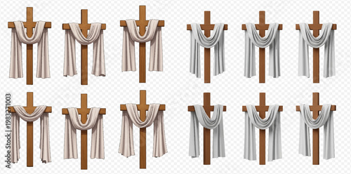 Set of wooden crosses draped with white and beige cloth, religious symbols for Easter and Lent.