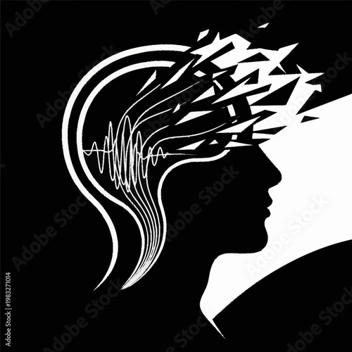 Abstract Silhouette of a Human Head Exploding into Geometric Shapes.