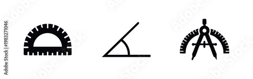 Protractor, angle, and compass icons with measurement tools on white background.
