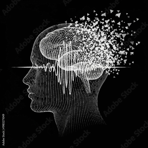Bild auf Leinwand Abstract representation of a human head with a disintegrating brain and brainwaves