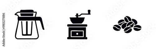 Coffee pot, coffee grinder, and coffee beans icons on white background.