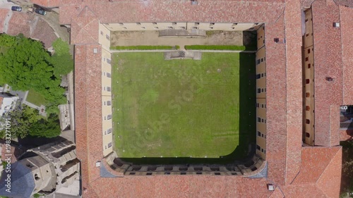 Aerial View of Symmetrical Courtyard Surrounded by Historic Buildings