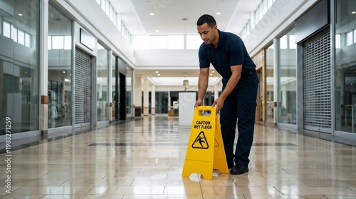 Male cleaner placing yellow caution wet floor sign on wet clean floor in shopping mall, uniform, CAUTION / WET FLOOR text