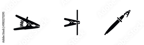 Alligator clip, clamp on pole, and welding rod icons on white background.
