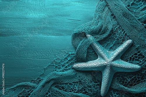 Fishing Net Spreading with Marine Elements and Starfish Background