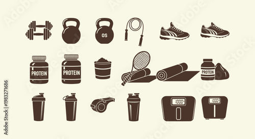 Set of Fitness and Gym Equipment Icons Silhouette Style with Dumbbell Kettlebell and Protein Jars