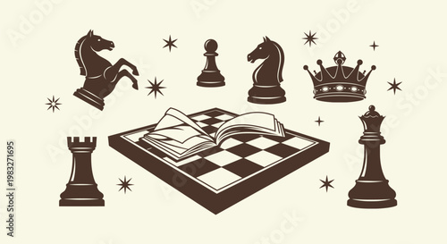 Photography Antique Style Chess Set Vector Illustration with Board Pieces Crown and Book for Strategy Concept